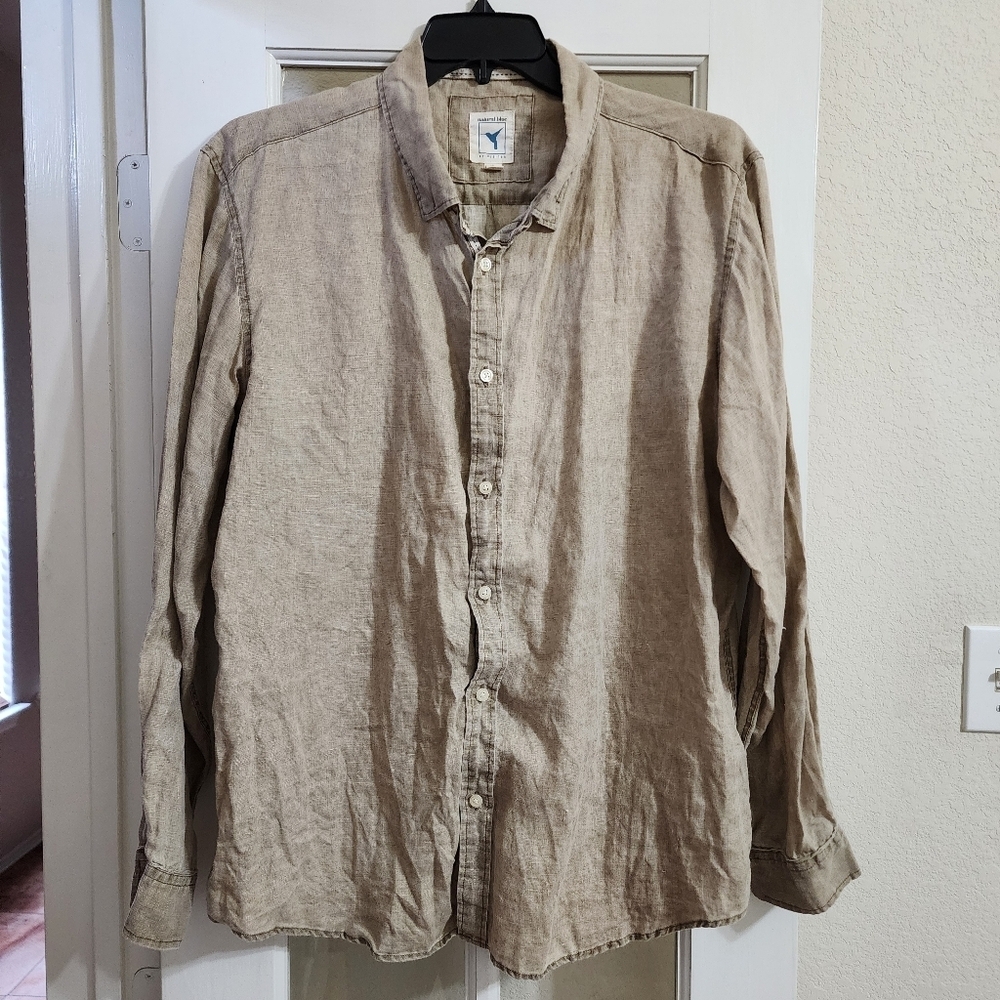 Natural Blue by Visitor 100% Linen Men's Button Down Shirt XL Tan Beige Casual